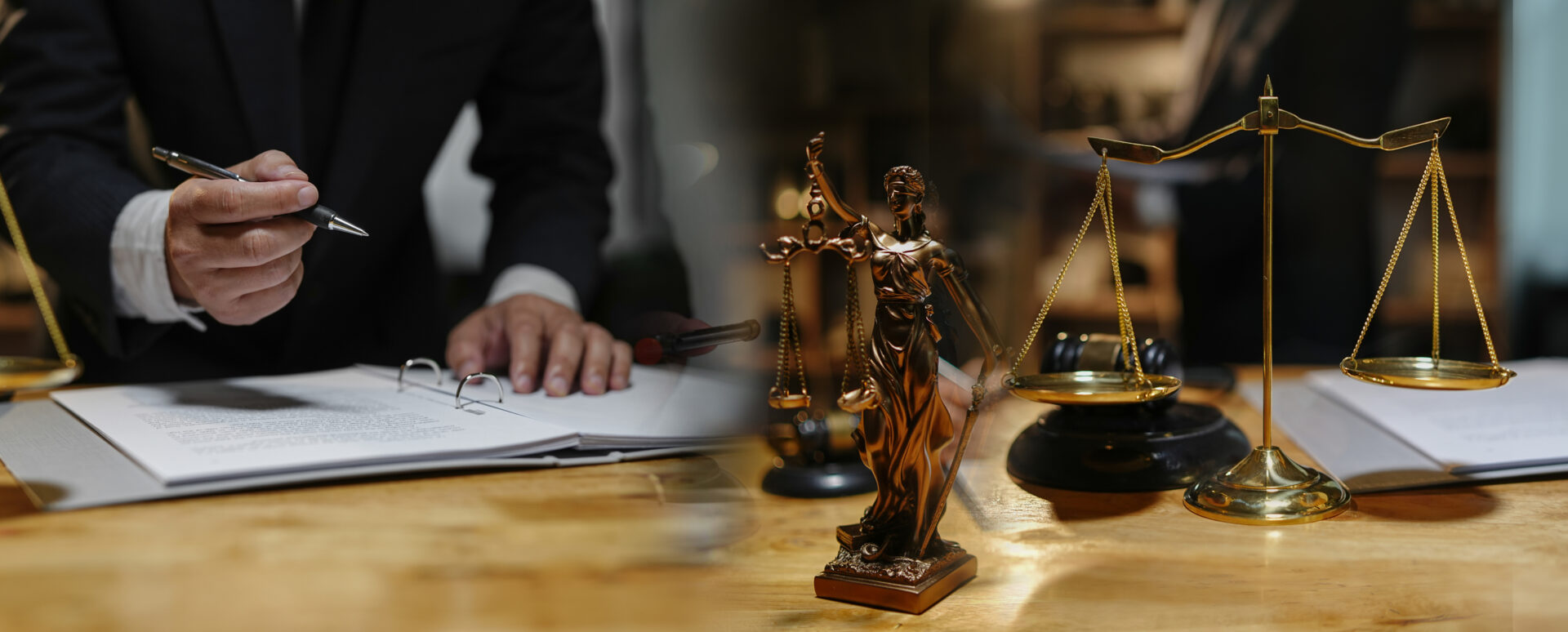 Lawyer writing near justice scales and statue.